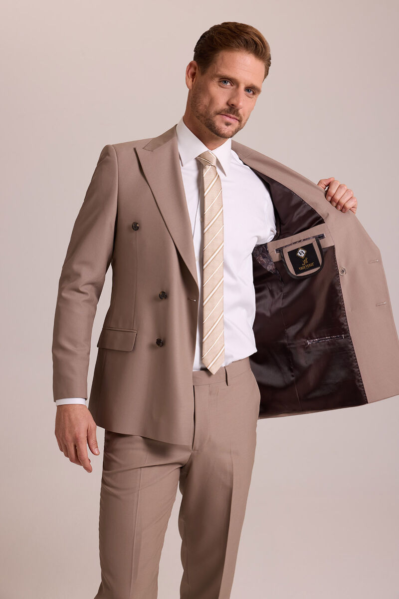 Erkek Bej Regular Fit Kruvaze Yün Takım Elbise - 5