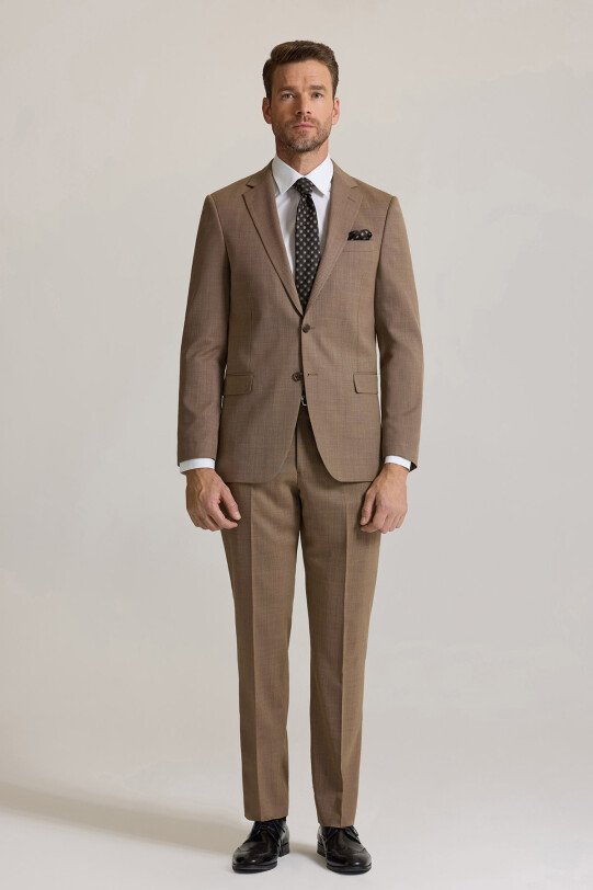 Erkek Bej Regular Fit Mono Yaka %100 Yün Takım elbise
