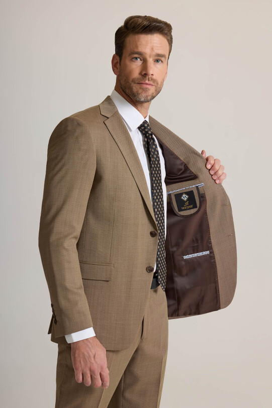 Erkek Bej Regular Fit Mono Yaka %100 Yün Takım elbise
