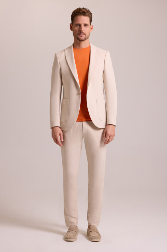 Erkek Bej Regular Fit Mono Yaka Gofre Desenli Takım Elbise