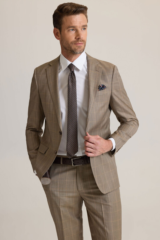 Erkek Bej Regular Fit Mono Yaka Kareli %100 Yün Takım Elbise