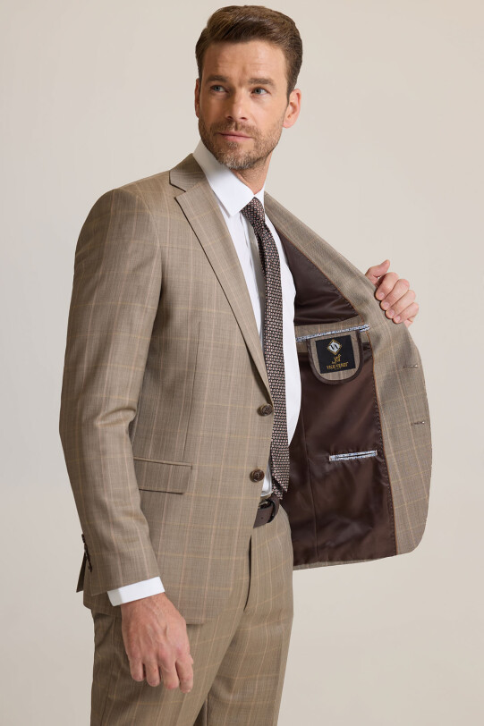 Erkek Bej Regular Fit Mono Yaka Kareli %100 Yün Takım Elbise