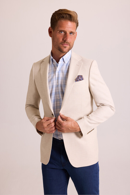 Erkek Bej Regular Fit Mono Yaka Keten Ceket
