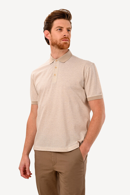 Erkek Bej Regular Fit Polo Yaka Desenli Tshirt