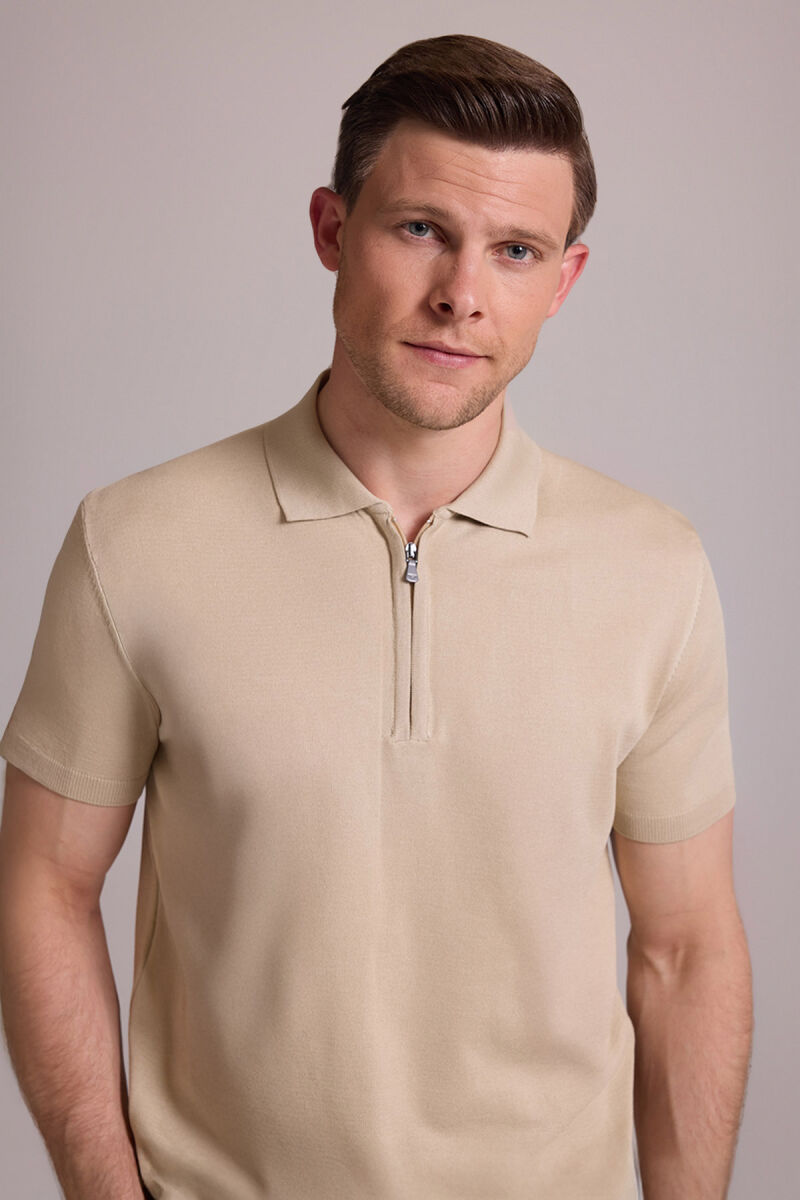 Erkek Bej Regular Fit Polo Yaka Fermuarlı Triko Tişört - 1