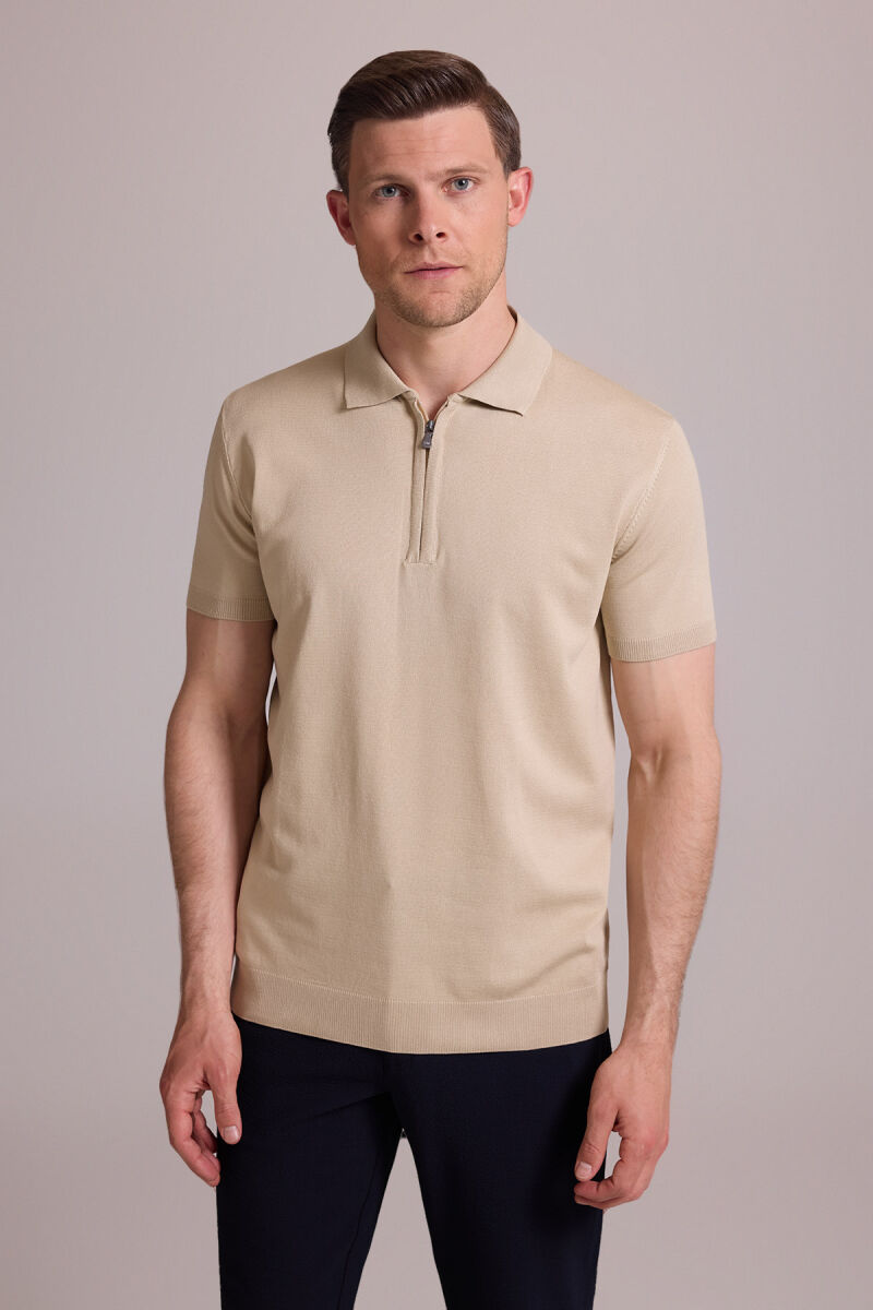 Erkek Bej Regular Fit Polo Yaka Fermuarlı Triko Tişört - 2