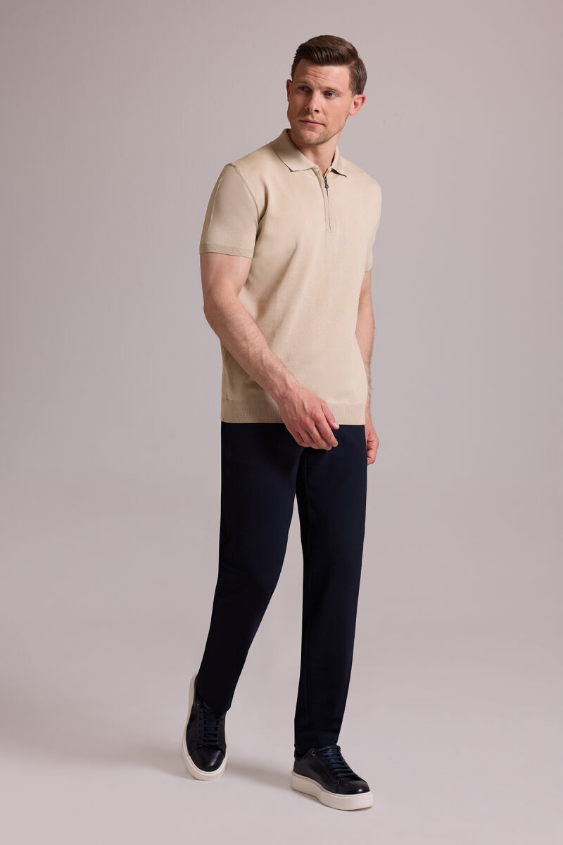 Erkek Bej Regular Fit Polo Yaka Fermuarlı Triko Tişört - 3