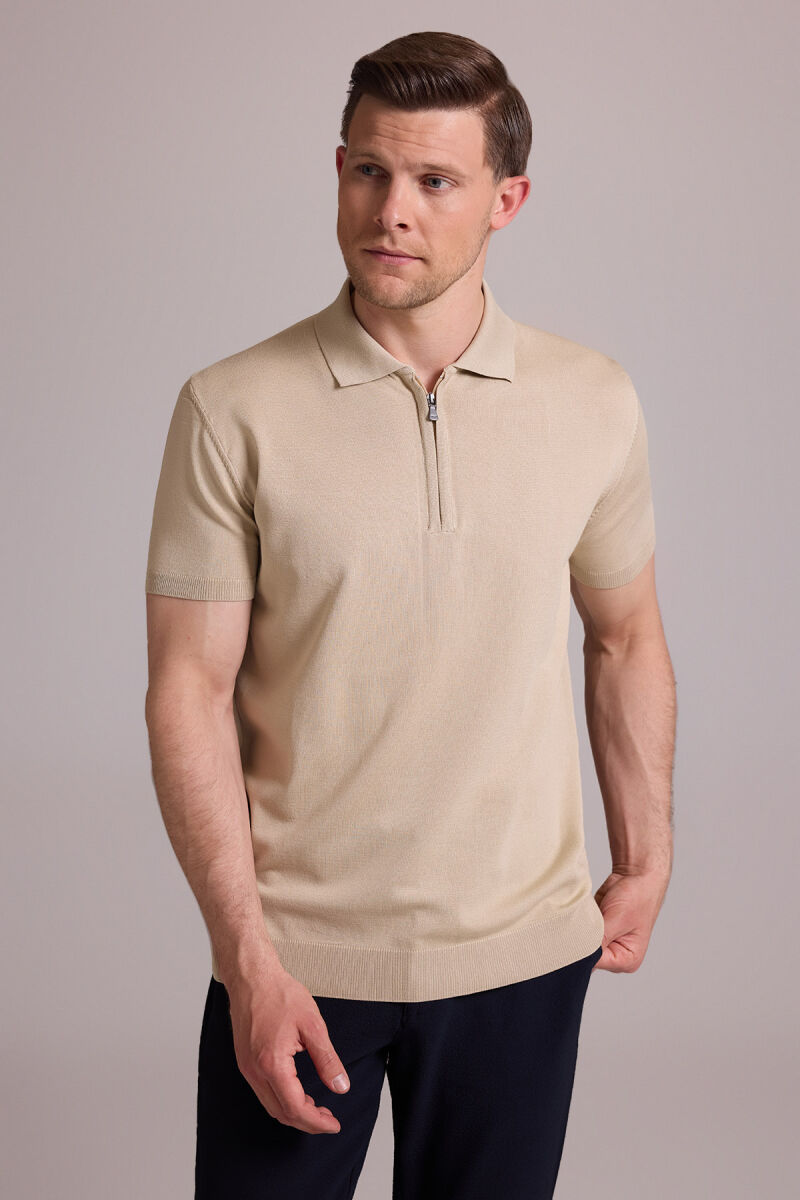 Erkek Bej Regular Fit Polo Yaka Fermuarlı Triko Tişört - 4
