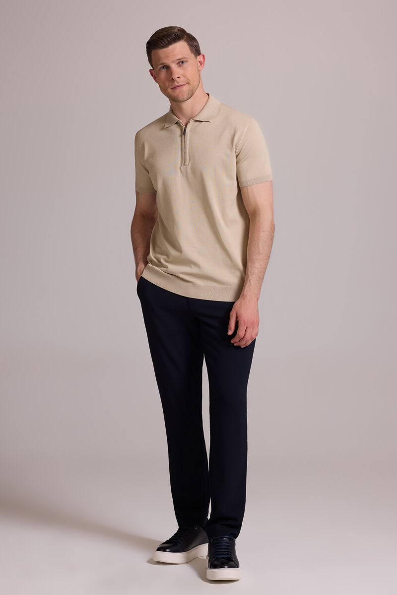Erkek Bej Regular Fit Polo Yaka Fermuarlı Triko Tişört - 5