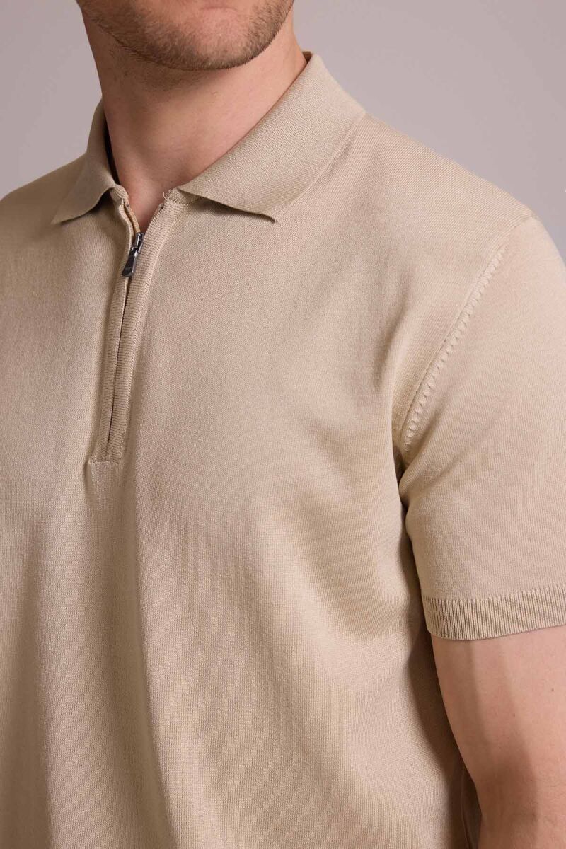 Erkek Bej Regular Fit Polo Yaka Fermuarlı Triko Tişört - 7