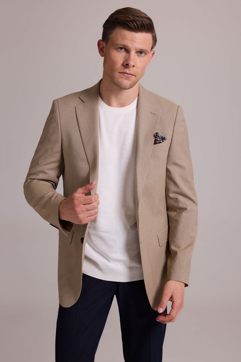 Erkek Bej Regular Fit Spor Keten Ceket - 2
