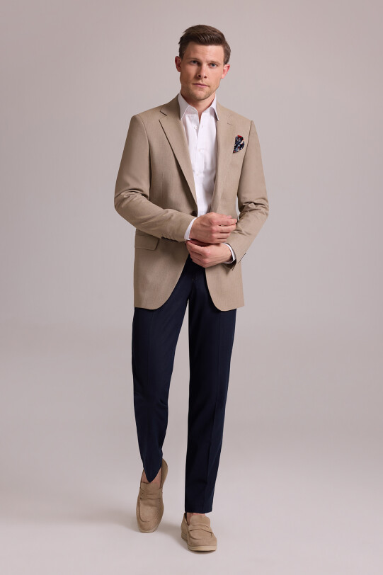 Erkek Bej Regular Fit Spor Keten Ceket