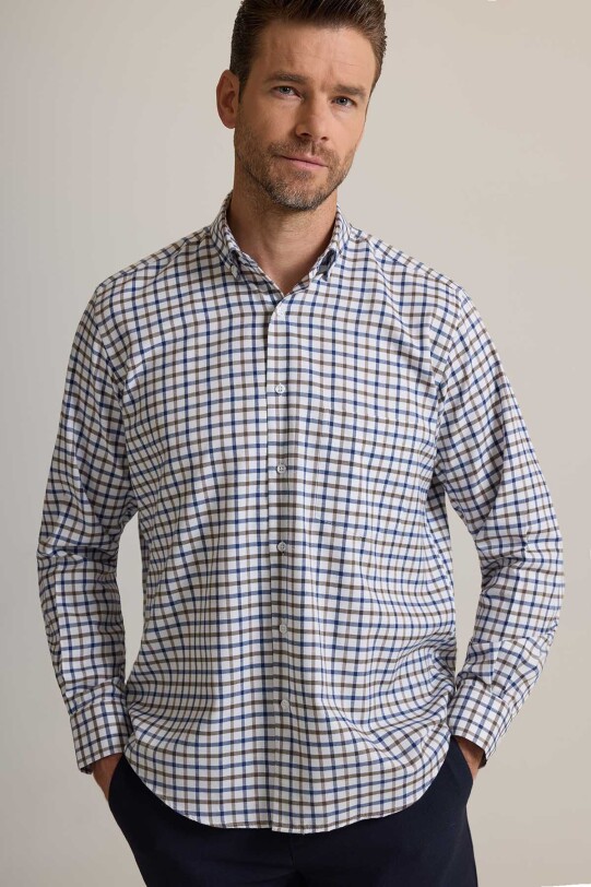 Erkek Bej Regular Fit Yaka Düğmeli Kareli Pamuklu Gömlek