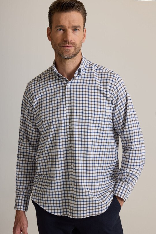 Erkek Bej Regular Fit Yaka Düğmeli Kareli Pamuklu Gömlek