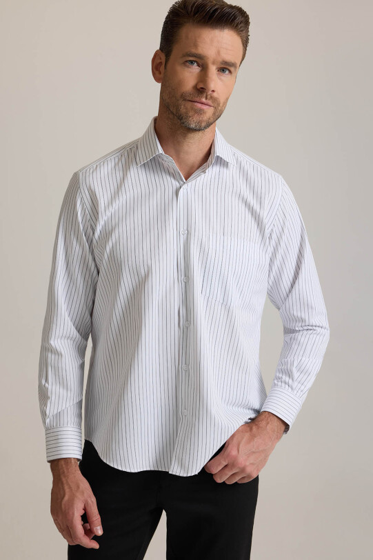 Erkek Bej Siyah Çizgili Regular Fit Çizgili Pamuklu Gömlek