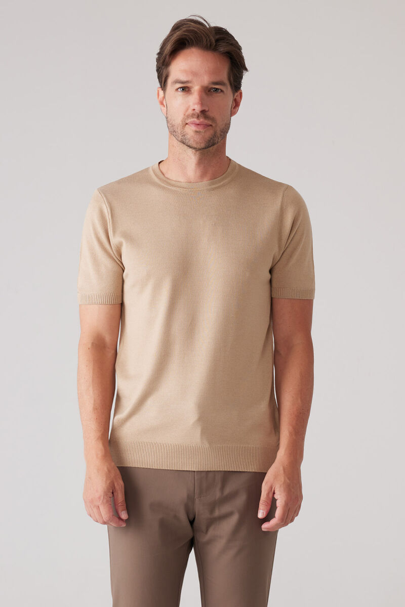 Erkek Bej Slim Fit Bisiklet Yaka Yazlık Triko Tişört - 1