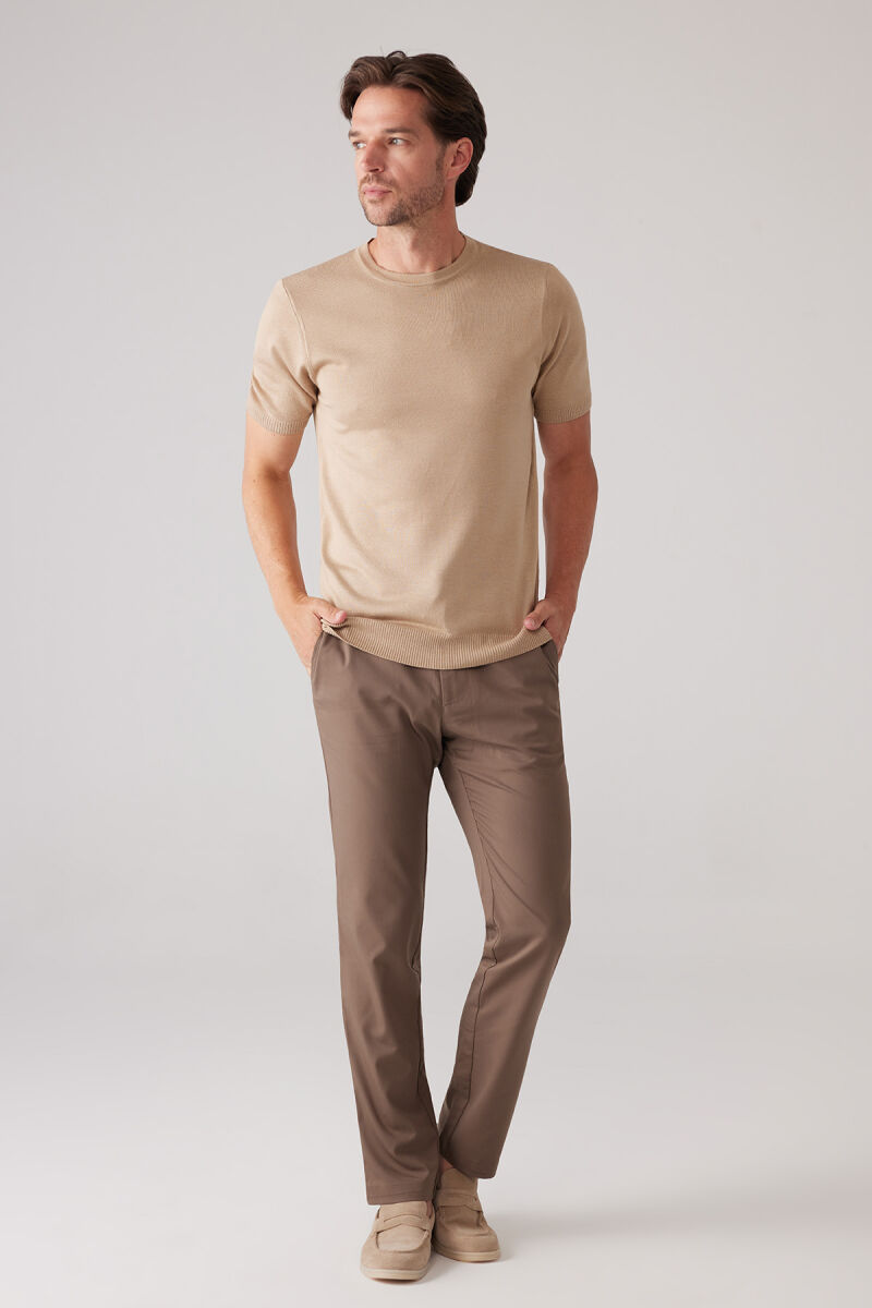 Erkek Bej Slim Fit Bisiklet Yaka Yazlık Triko Tişört - 2