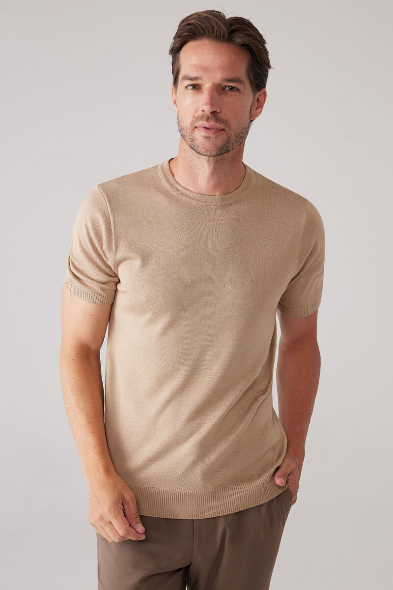 Erkek Bej Slim Fit Bisiklet Yaka Yazlık Triko Tişört - 3