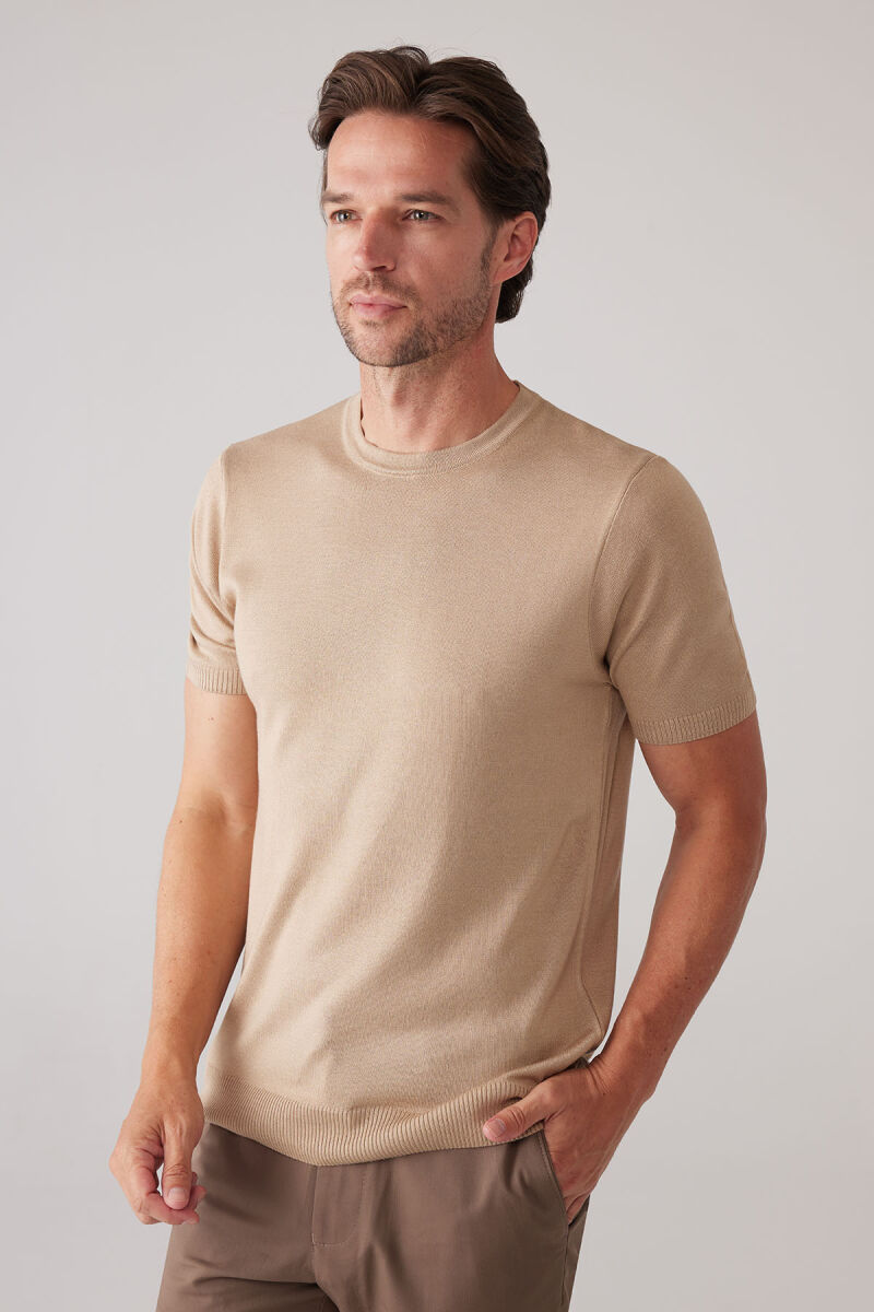 Erkek Bej Slim Fit Bisiklet Yaka Yazlık Triko Tişört - 4