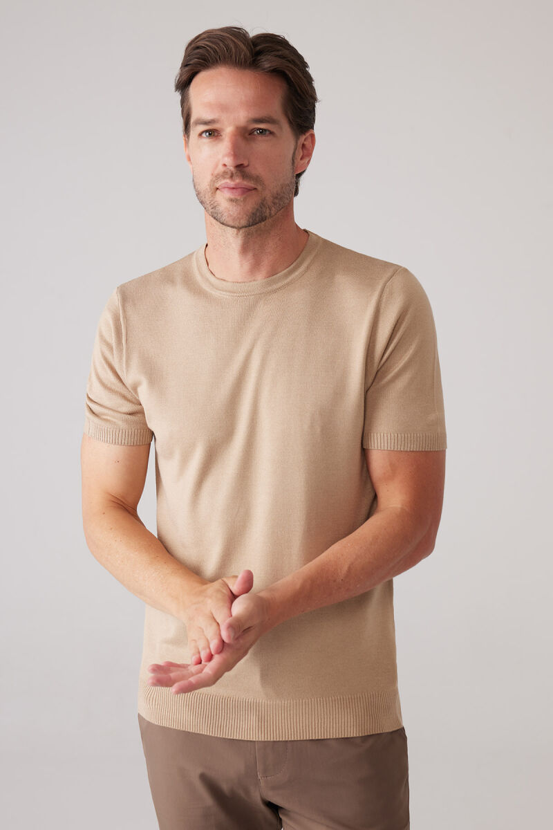 Erkek Bej Slim Fit Bisiklet Yaka Yazlık Triko Tişört - 5