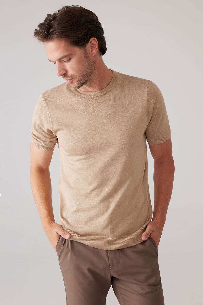 Erkek Bej Slim Fit Bisiklet Yaka Yazlık Triko Tişört - 6