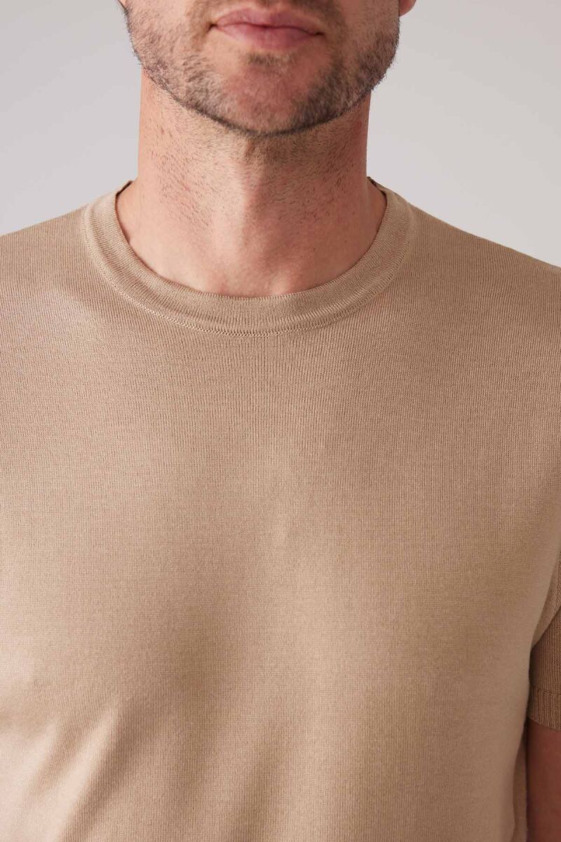 Erkek Bej Slim Fit Bisiklet Yaka Yazlık Triko Tişört - 7