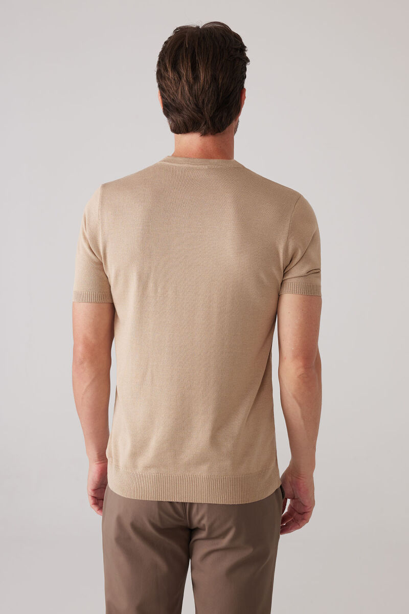 Erkek Bej Slim Fit Bisiklet Yaka Yazlık Triko Tişört - 8