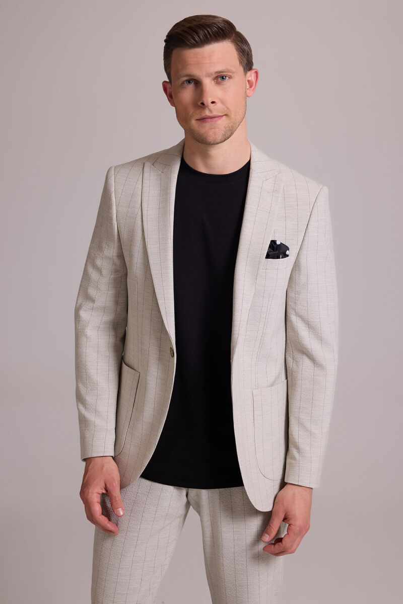 Erkek Bej Slim Fit Çizgili Tek Düğmeli Jogger Pantolonlu Takım Elbise - 1