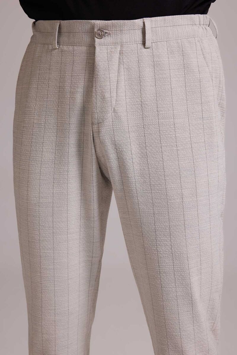 Erkek Bej Slim Fit Çizgili Tek Düğmeli Jogger Pantolonlu Takım Elbise - 10