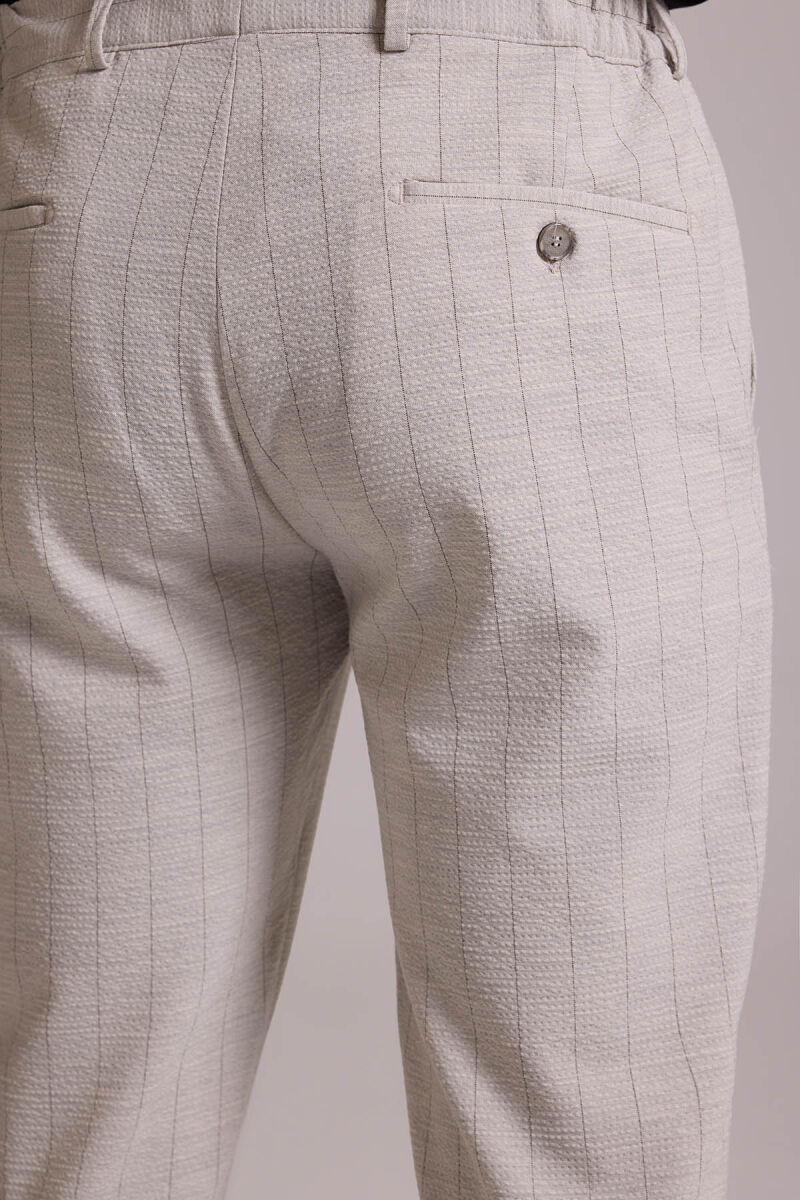 Erkek Bej Slim Fit Çizgili Tek Düğmeli Jogger Pantolonlu Takım Elbise - 11