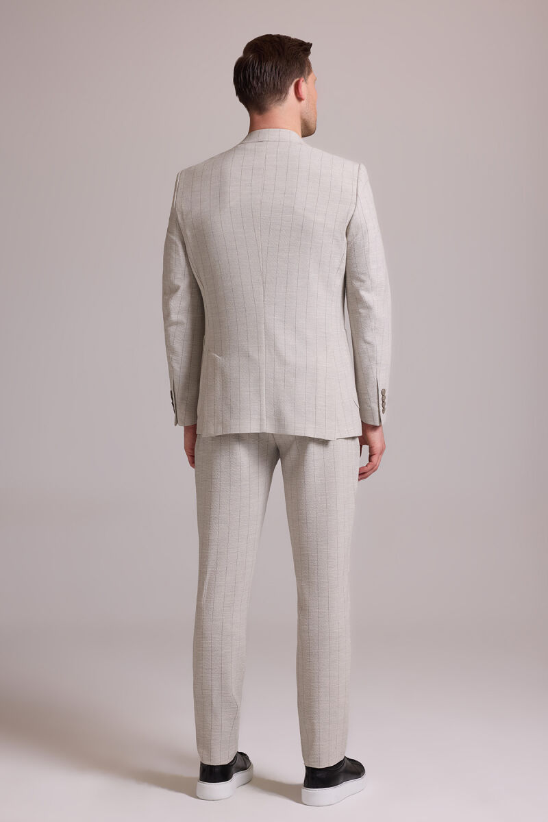 Erkek Bej Slim Fit Çizgili Tek Düğmeli Jogger Pantolonlu Takım Elbise - 12