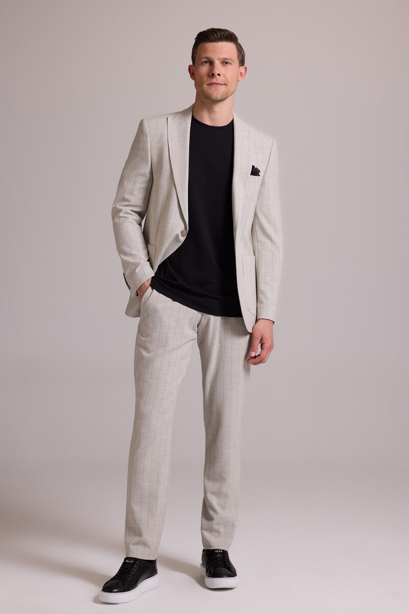 Erkek Bej Slim Fit Çizgili Tek Düğmeli Jogger Pantolonlu Takım Elbise - 2