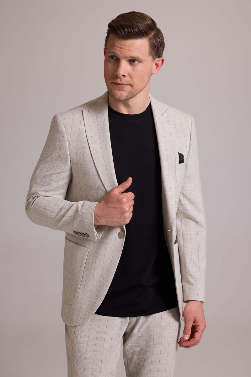Erkek Bej Slim Fit Çizgili Tek Düğmeli Jogger Pantolonlu Takım Elbise - 3