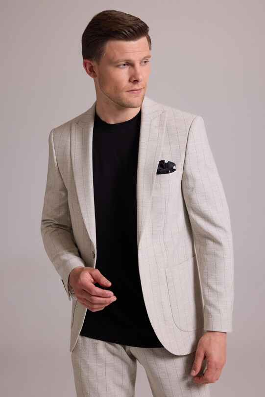 Erkek Bej Slim Fit Çizgili Tek Düğmeli Jogger Pantolonlu Takım Elbise