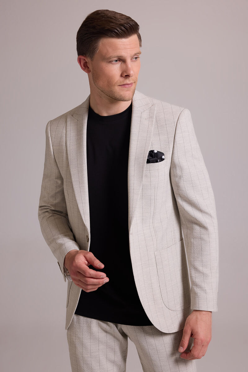 Erkek Bej Slim Fit Çizgili Tek Düğmeli Jogger Pantolonlu Takım Elbise - 4
