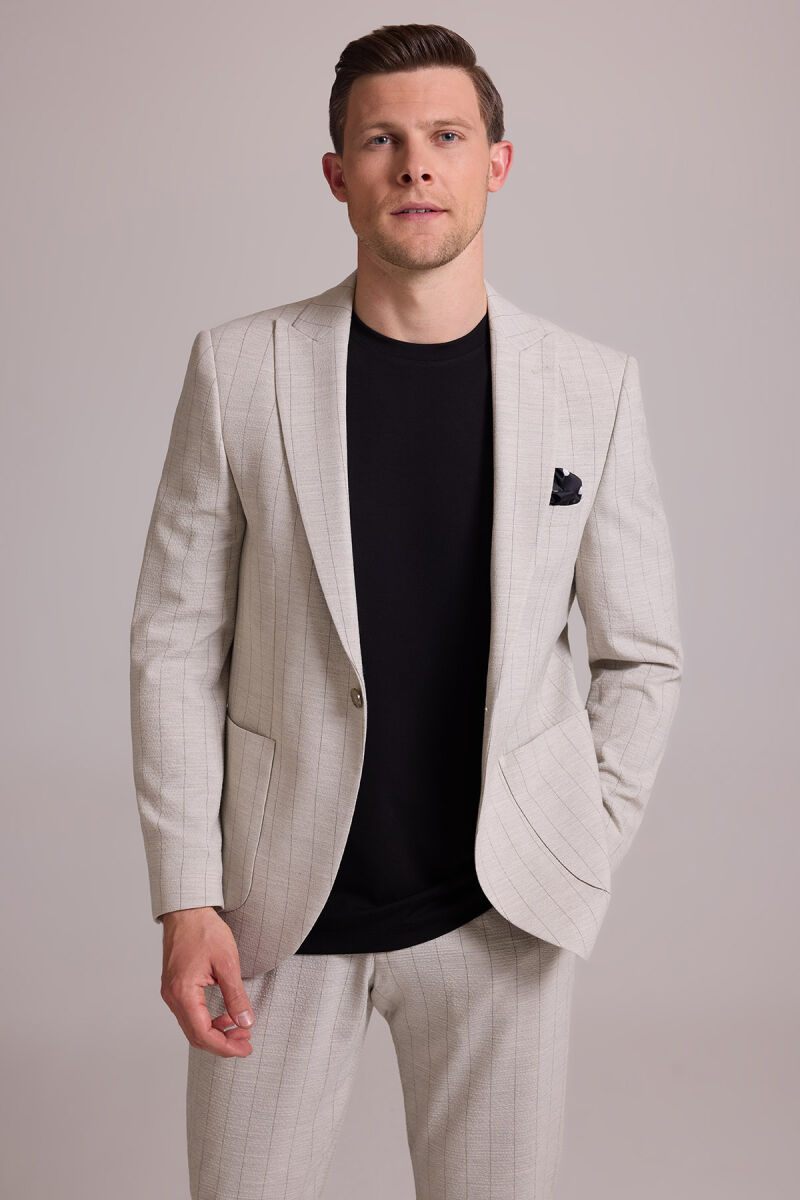 Erkek Bej Slim Fit Çizgili Tek Düğmeli Jogger Pantolonlu Takım Elbise - 5