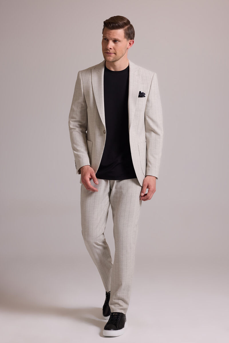 Erkek Bej Slim Fit Çizgili Tek Düğmeli Jogger Pantolonlu Takım Elbise - 7