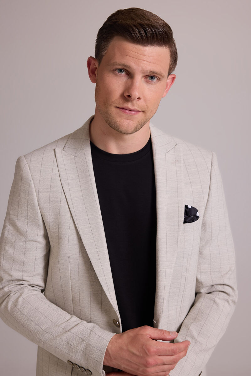 Erkek Bej Slim Fit Çizgili Tek Düğmeli Jogger Pantolonlu Takım Elbise - 8