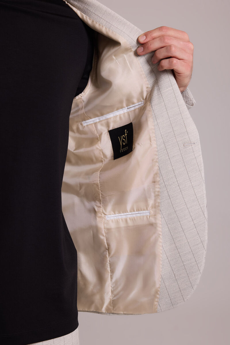 Erkek Bej Slim Fit Çizgili Tek Düğmeli Jogger Pantolonlu Takım Elbise - 9