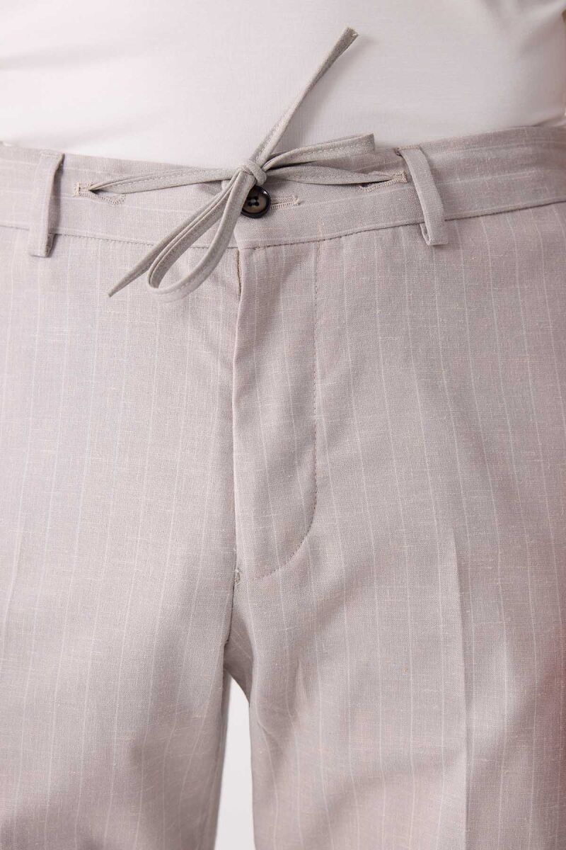 Erkek Bej Slim Fit Çizgili Torba Cep Jogger Pantolonlu Sivri Yaka Takım Elbise - 10