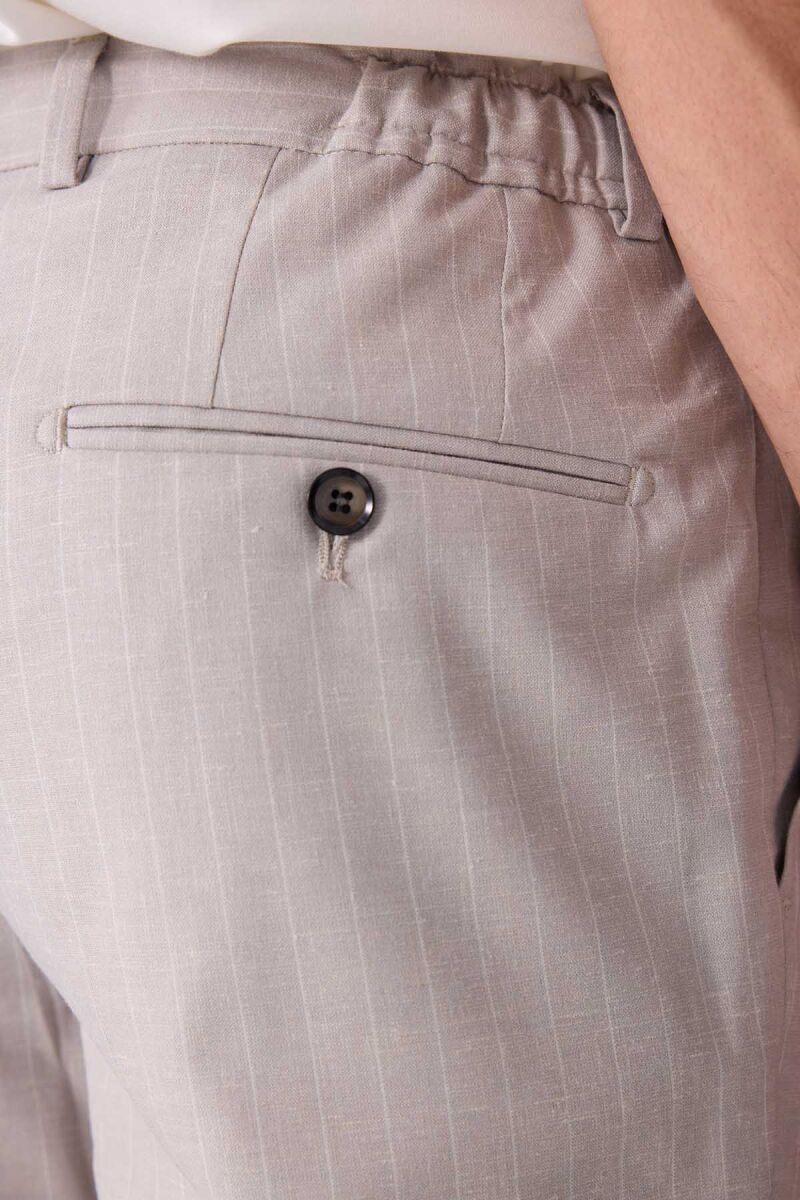 Erkek Bej Slim Fit Çizgili Torba Cep Jogger Pantolonlu Sivri Yaka Takım Elbise - 11
