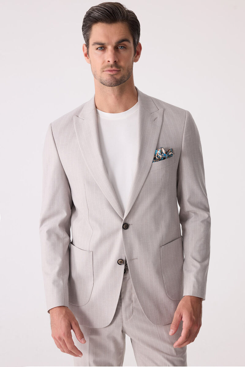 Erkek Bej Slim Fit Çizgili Torba Cep Jogger Pantolonlu Sivri Yaka Takım Elbise - 5