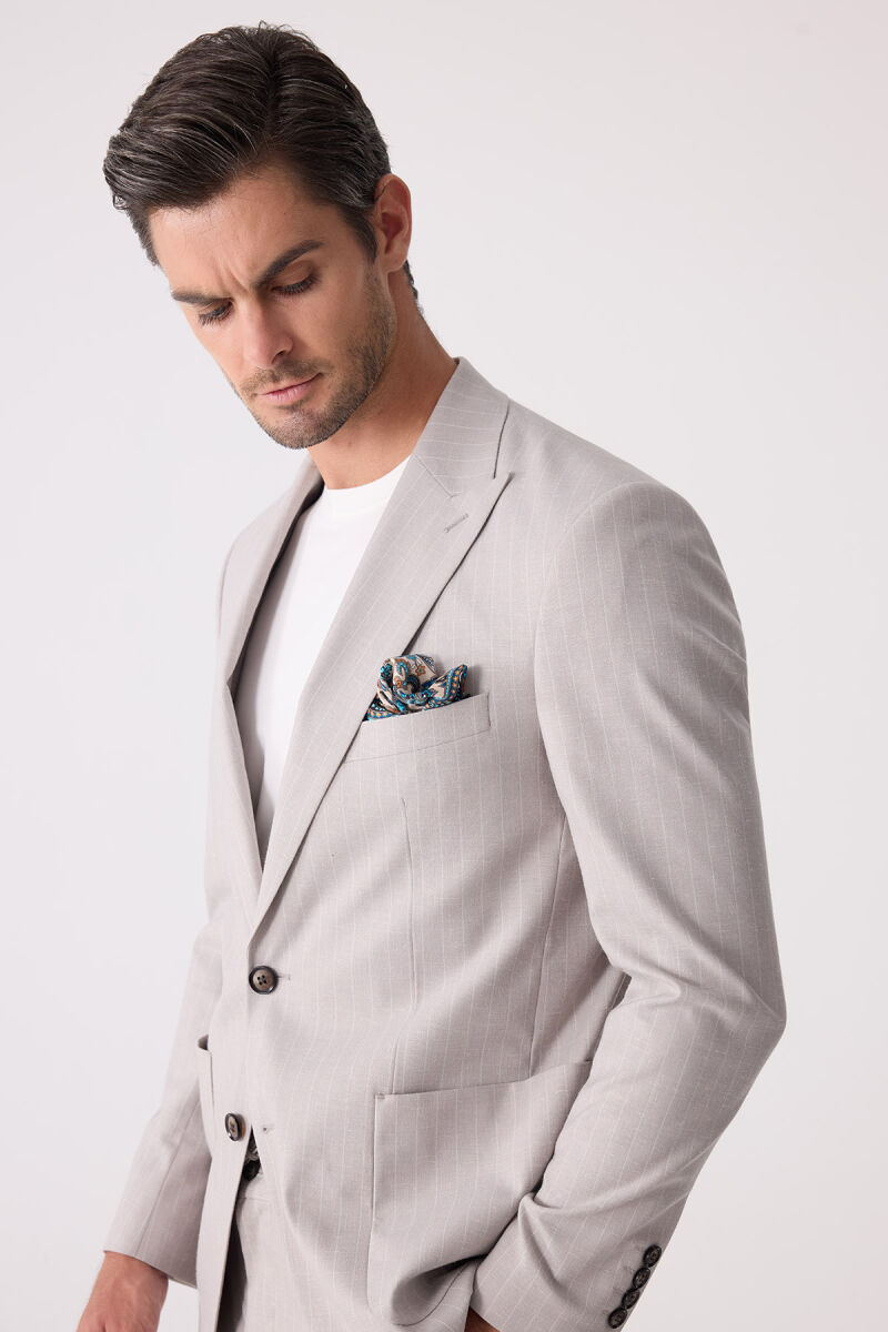 Erkek Bej Slim Fit Çizgili Torba Cep Jogger Pantolonlu Sivri Yaka Takım Elbise - 8