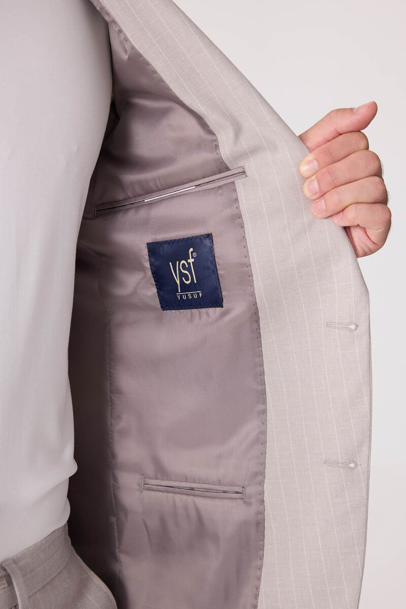 Erkek Bej Slim Fit Çizgili Torba Cep Jogger Pantolonlu Sivri Yaka Takım Elbise - 9