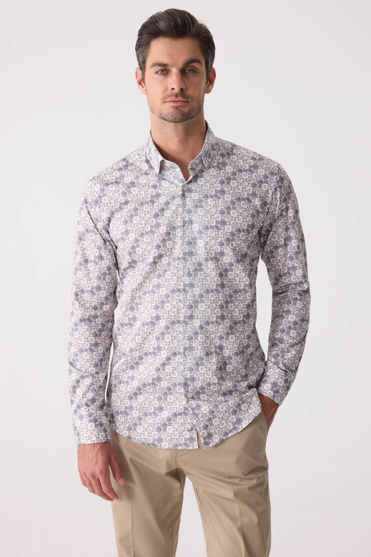 Erkek Bej Slim Fit Gizli Yaka Düğmeli Gömlek