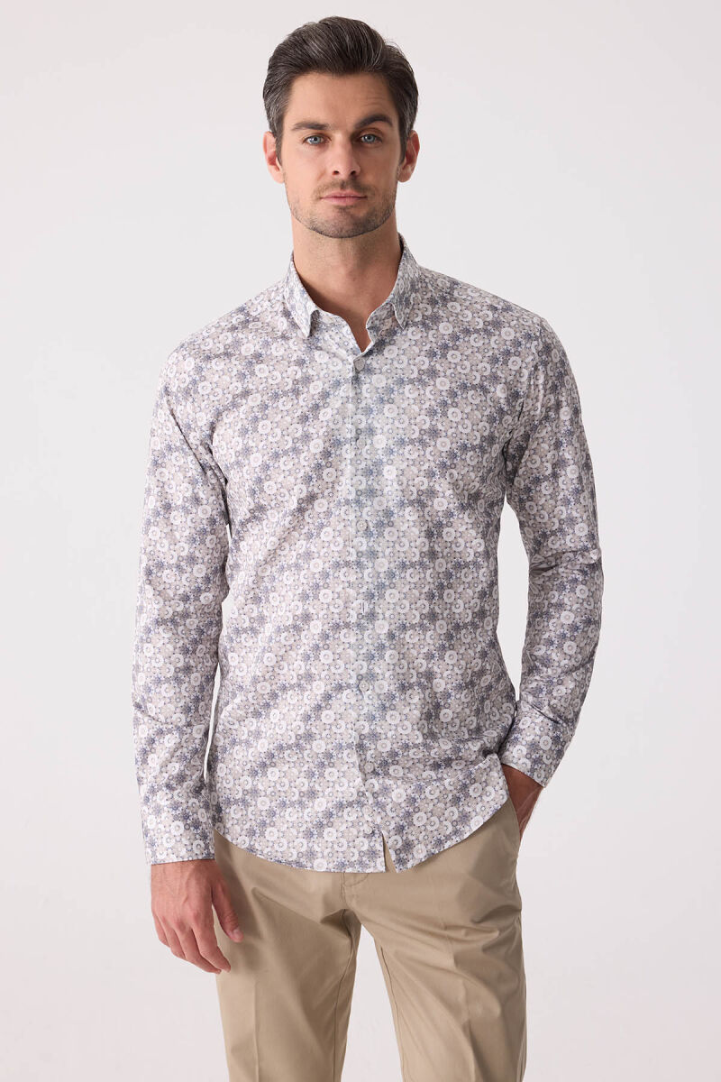 Erkek Bej Slim Fit Gizli Yaka Düğmeli Gömlek - 1