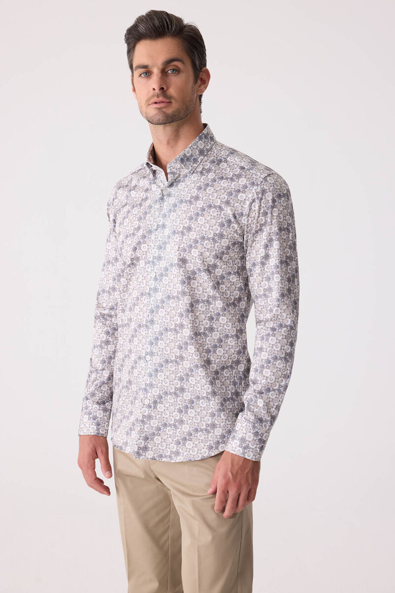 Erkek Bej Slim Fit Gizli Yaka Düğmeli Gömlek - 2