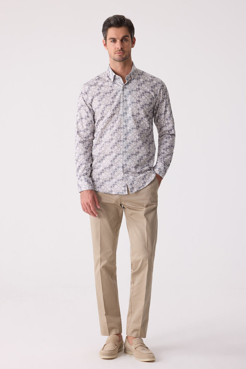 Erkek Bej Slim Fit Gizli Yaka Düğmeli Gömlek - 3