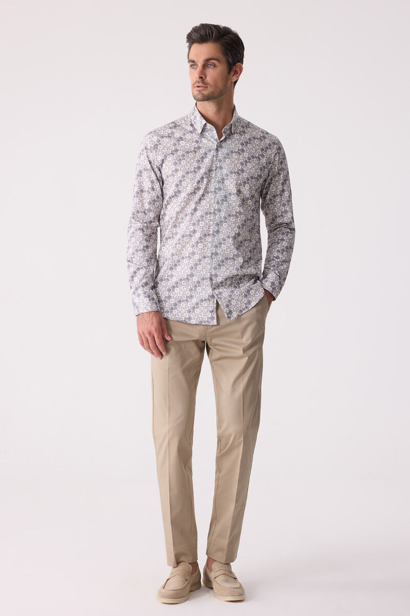 Erkek Bej Slim Fit Gizli Yaka Düğmeli Gömlek - 4