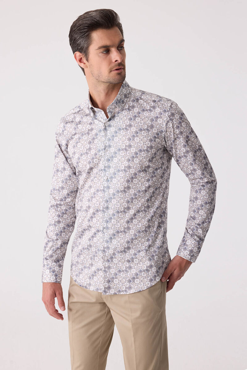 Erkek Bej Slim Fit Gizli Yaka Düğmeli Gömlek - 5
